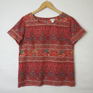 J.Crew Womens Top Paisley Printed Tee Size S Red Lightweight Boxy Short Sleeve